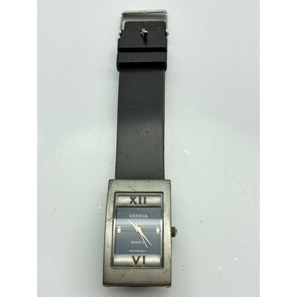 Geneva Quartz Watch Rectangular Silver Case Blue Dial Black Rubber Strap 8538